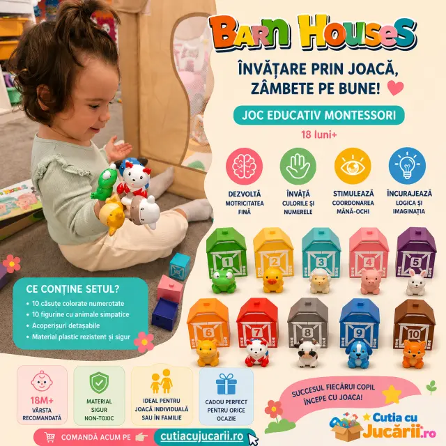 Joc Educativ Montessori Barn Houses – Sortare Culori, Numere și Animale, 10 Căsuțe Colorate cu Figurine, 18 luni+