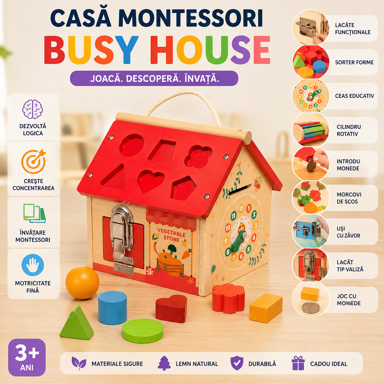 Casă Montessori Busy House din Lemn – Jucărie Educativă Multifuncțională 9 în 1